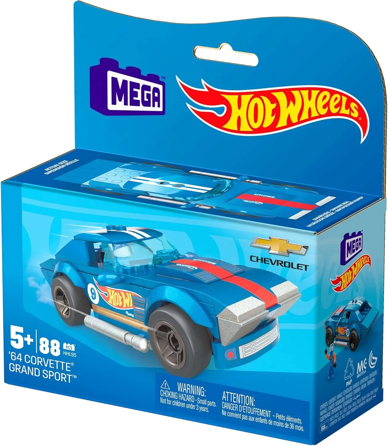 MEGA Hot Wheels Building Toy Race Car Playset, 64 Corvette Grand Sport with 88 Pieces, 1 Micro Action Figure Driver, Blue, Kids Age 5  Years