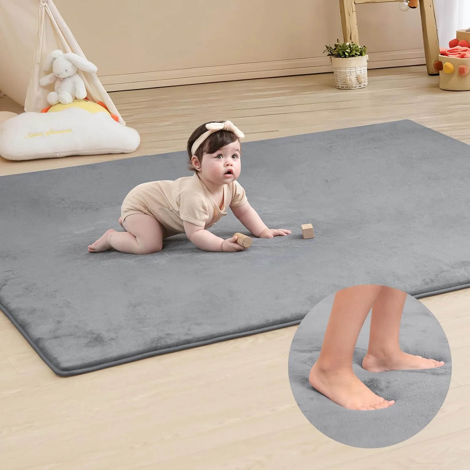 Memory Foam Baby Play Mat for Playpen,Thick & Large Crawling Mat for Floor,Soft Velvet Tummy Time Surface,Non-Slip Play Area for Kids,Toddlers,Infants in Nursery & Playroom(39"×59"×0.8",Dark Gray)