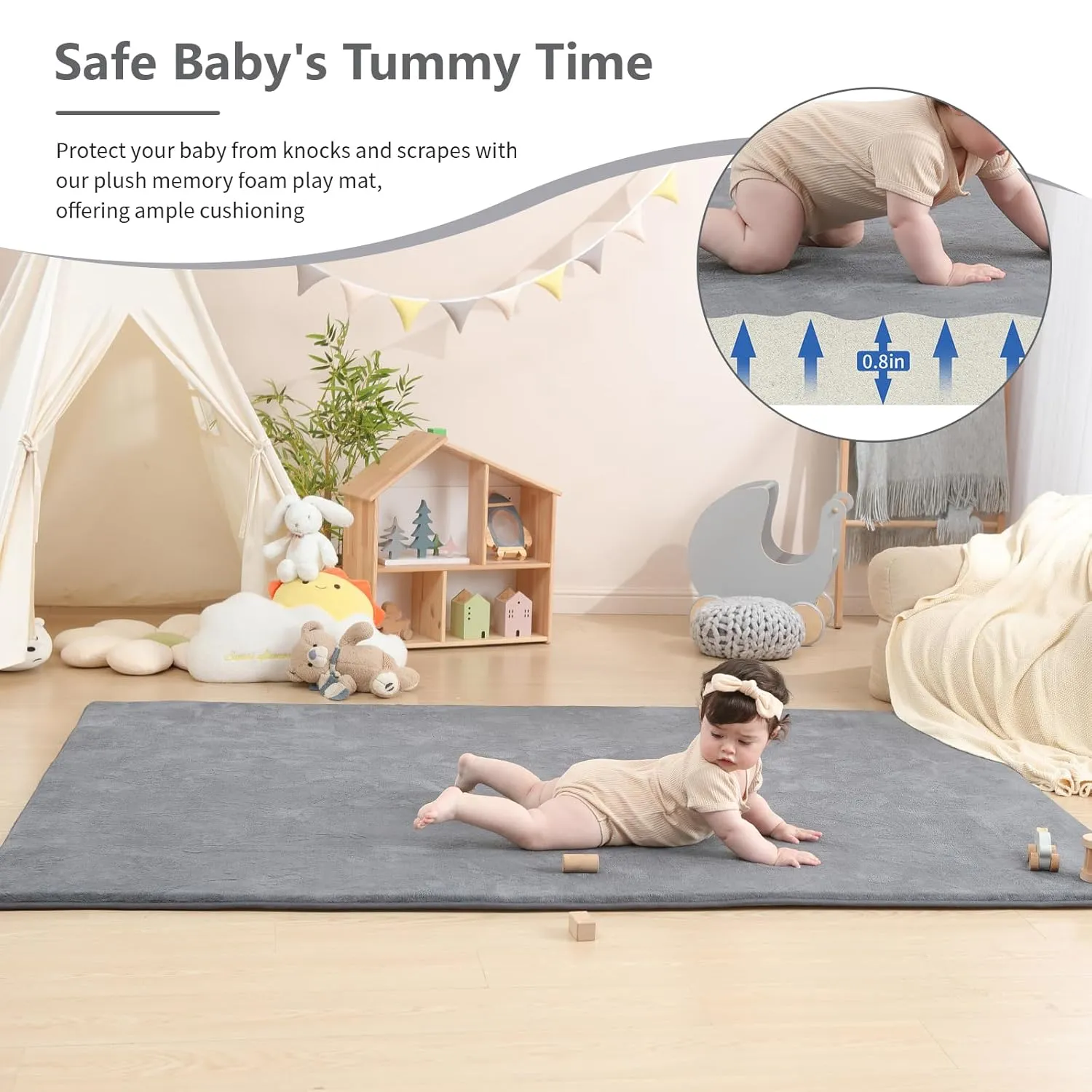 Memory Foam Baby Play Mat for Playpen,Thick & Large Crawling Mat for Floor,Soft Velvet Tummy Time Surface,Non-Slip Play Area for Kids,Toddlers,Infants in Nursery & Playroom(39"×59"×0.8",Dark Gray)