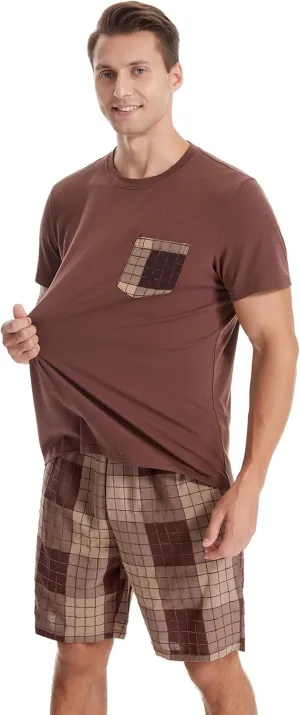 Men's Short Sleeve Pajama Set with Pockets 2-Piece Nightwear for Summer Lightweight Men's PJS