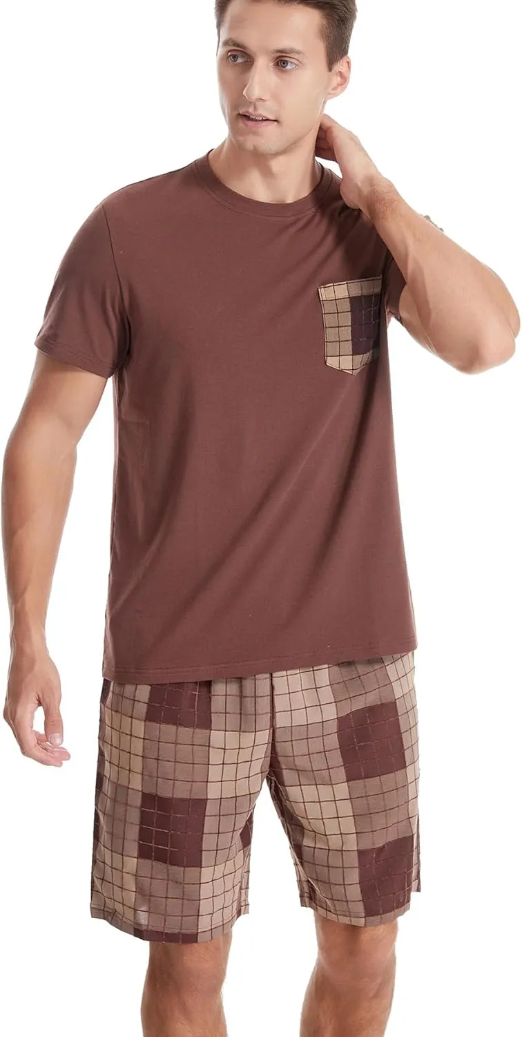 Men's Short Sleeve Pajama Set with Pockets 2-Piece Nightwear for Summer Lightweight Men's PJS