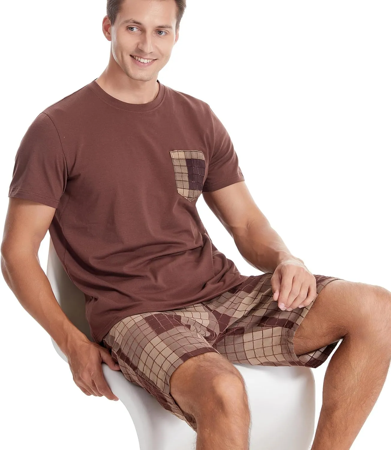 Men's Short Sleeve Pajama Set with Pockets 2-Piece Nightwear for Summer Lightweight Men's PJS
