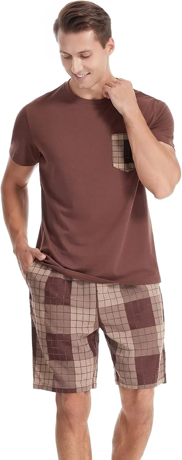 Men's Short Sleeve Pajama Set with Pockets 2-Piece Nightwear for Summer Lightweight Men's PJS
