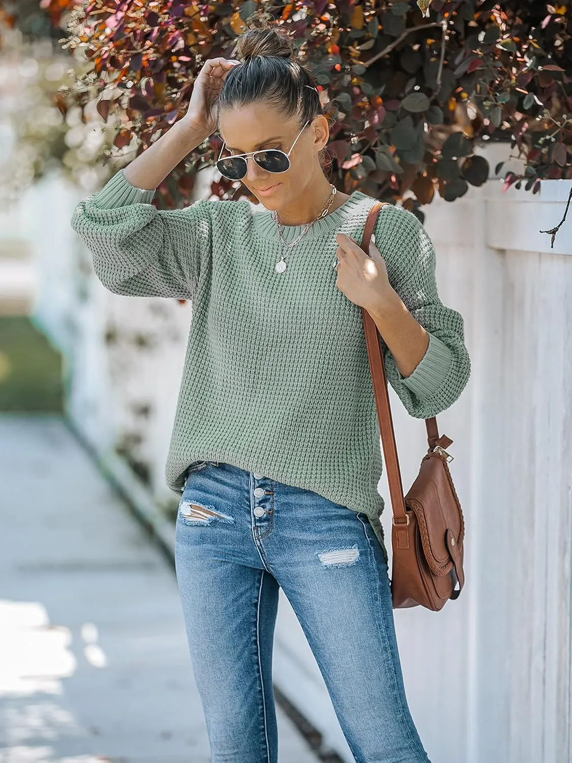 MEROKEETY Women's 2024 Fall Casual Fall Waffle Knit Sweater Long Balloon Sleeve Loose Pullover Jumper