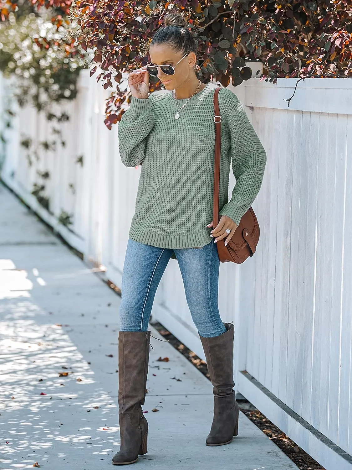 MEROKEETY Women's 2024 Fall Casual Fall Waffle Knit Sweater Long Balloon Sleeve Loose Pullover Jumper