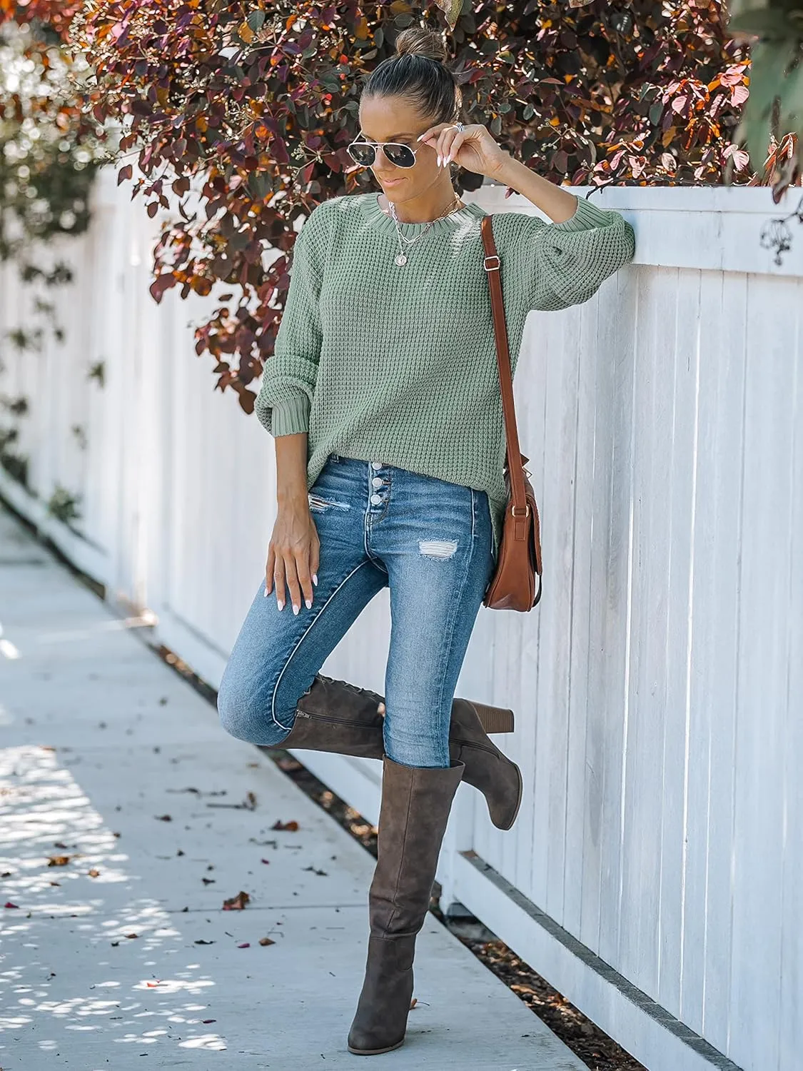 MEROKEETY Women's 2024 Fall Casual Fall Waffle Knit Sweater Long Balloon Sleeve Loose Pullover Jumper