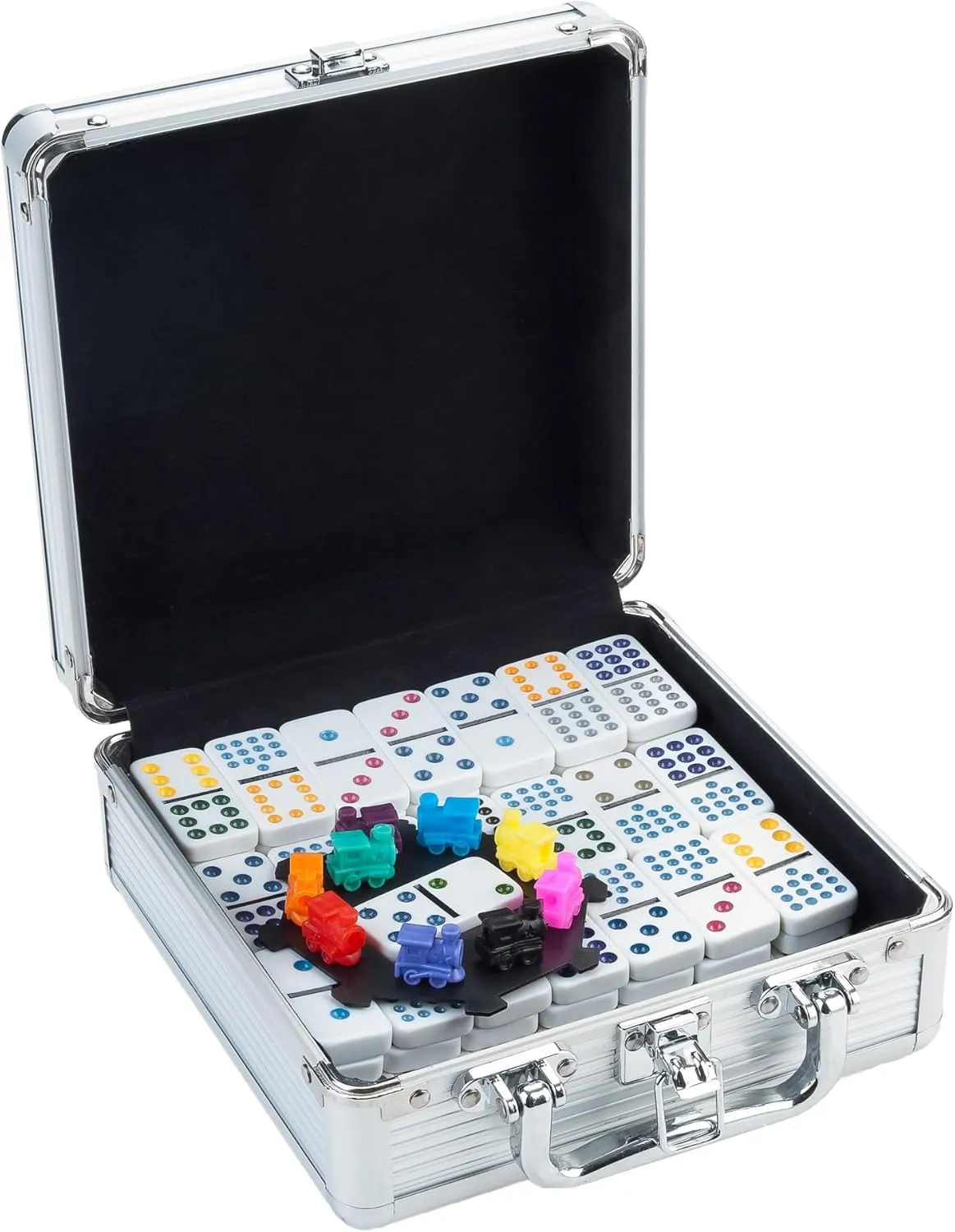 Mexican Train Domino Game Set - Double 12 Tile Board Game Colored dots, Metal Case for Adults   91 Dominos   Station, Colored Trains   Rules
