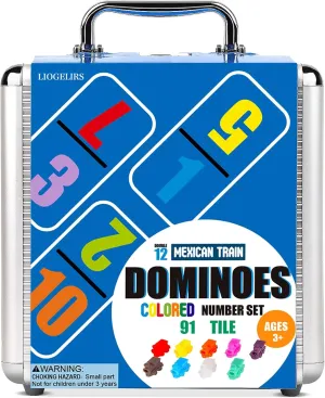 Mexican Train Dominoes Set for Adults, 105PCS - Double 12 Colored Dominoes Set for Family Game Night Classic Board Games Domino Set 91 Tiles with Aluminum Case(Number)