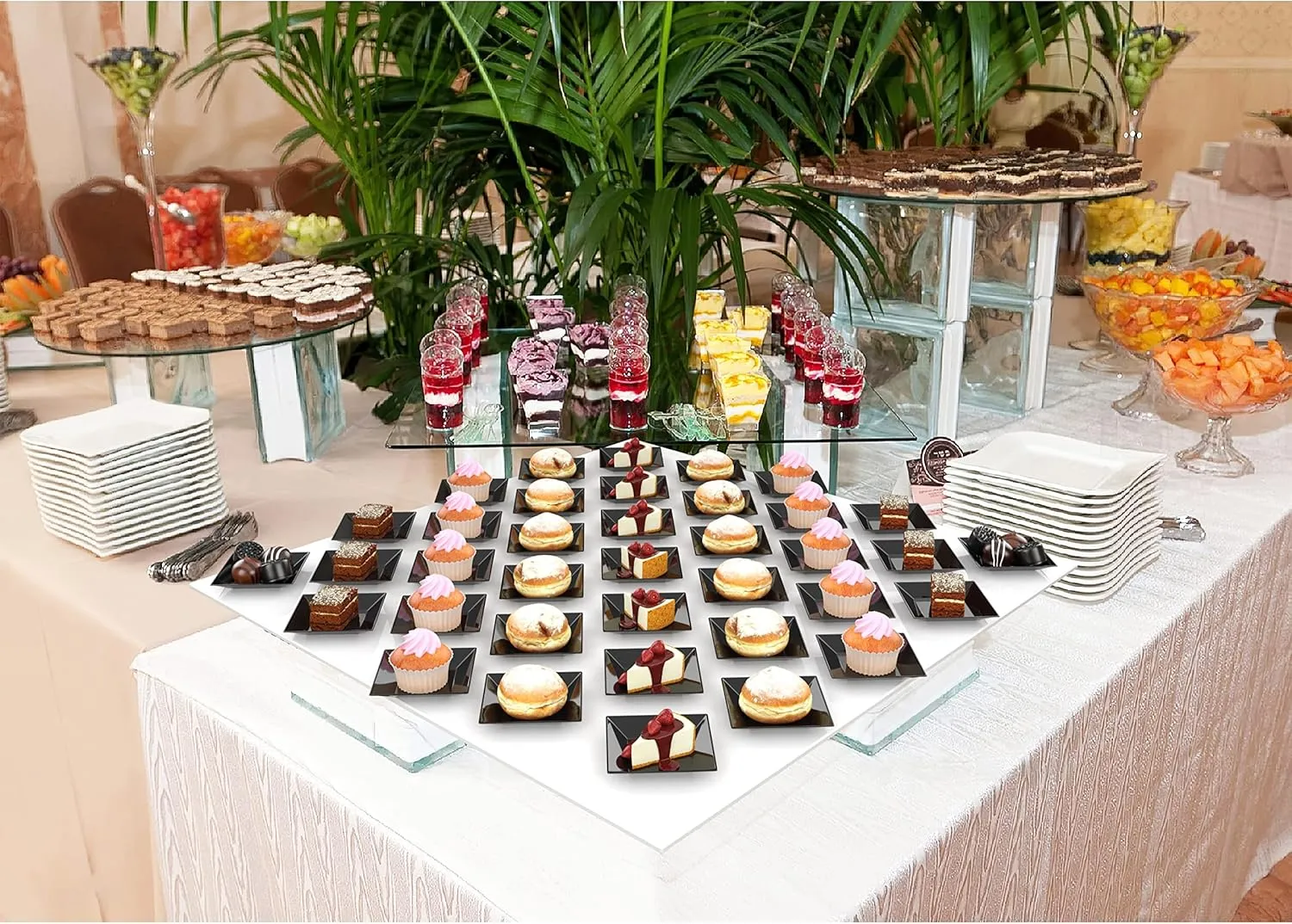Mini Disposable Appetizer Plates - 100 Pack 2.95 In. x 2.95 in. Black Plastic Dessert Plates - Elegant Design for Weddings, Birthdays, and Formal Parties - Stackable and Convenient - BPA Free