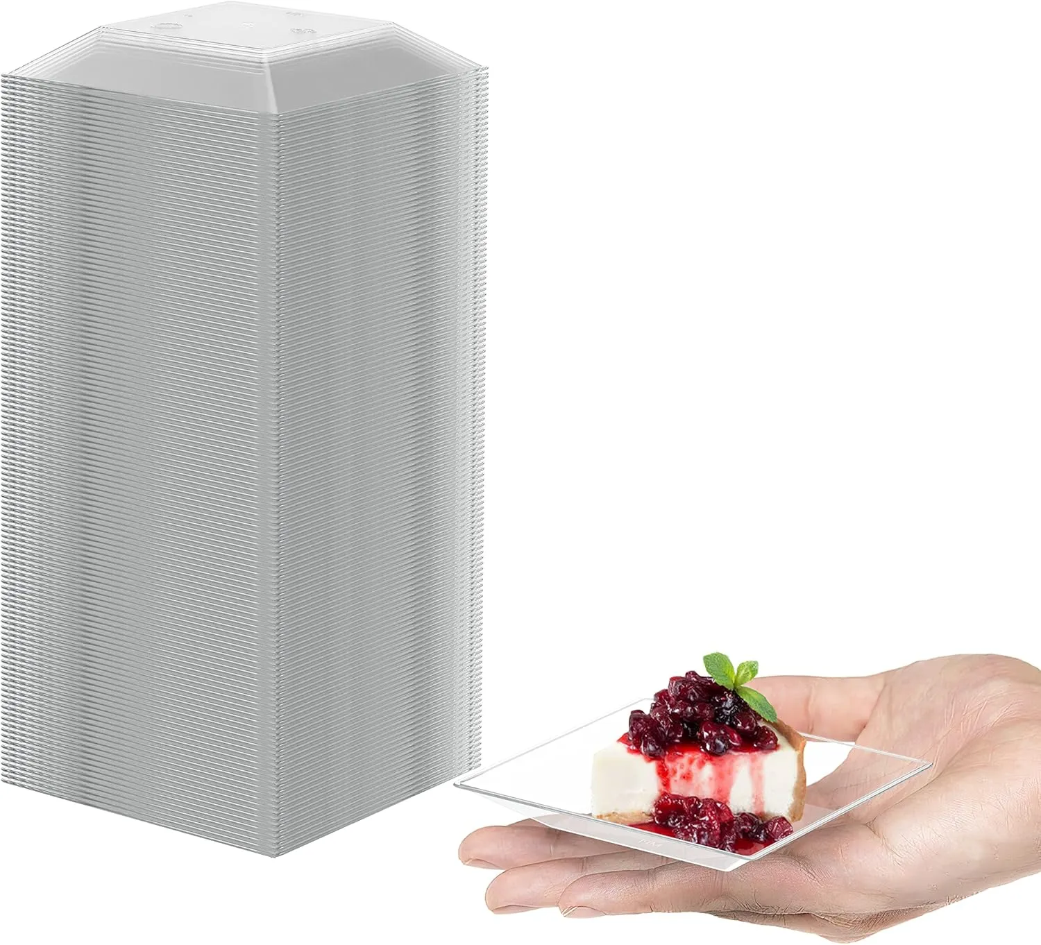 Mini Disposable Appetizer Plates - 100 Pack 2.95 In. x 2.95 in. Crystal Clear Plastic Dessert Plates - Elegant Design for Weddings, Birthdays, and Formal Parties - Stackable and Convenient - BPA Free