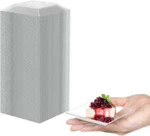 Mini Disposable Appetizer Plates - 100 Pack 2.95 In. x 2.95 in. Crystal Clear Plastic Dessert Plates - Elegant Design for Weddings, Birthdays, and Formal Parties - Stackable and Convenient - BPA Free