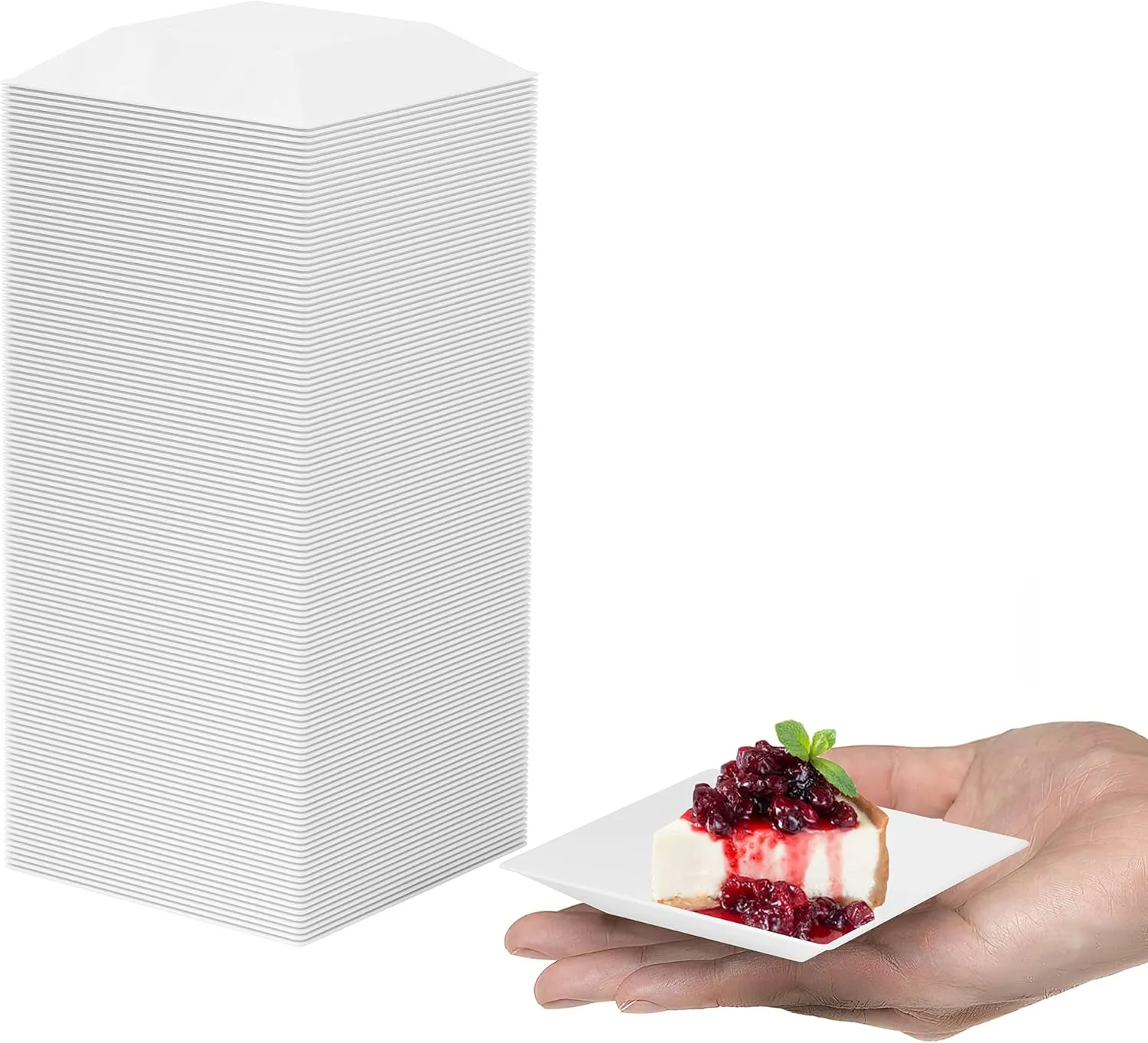 Mini Disposable Appetizer Plates - 100 Pack 2.95 In. x 2.95 in. White Plastic Dessert Plates - Elegant Design for Weddings, Birthdays, and Formal Parties - Stackable and Convenient - BPA Free