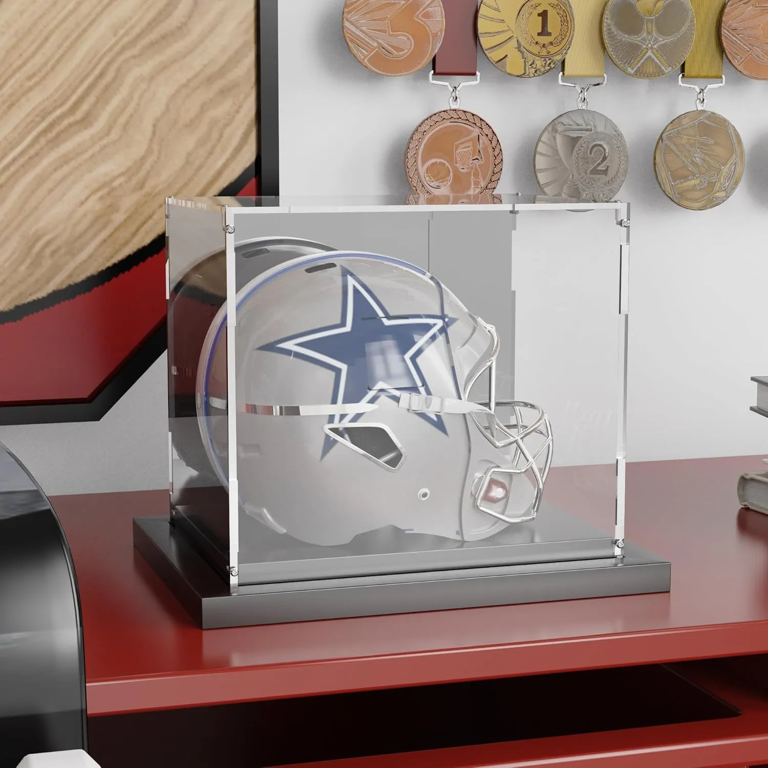 Mini Helmet Display Case Acrylic Clear Football Stand Holder with Mirror Back and Black Metal Grooved Base Stackable Mini Helmet Showcase for Souvenirs Collectibles