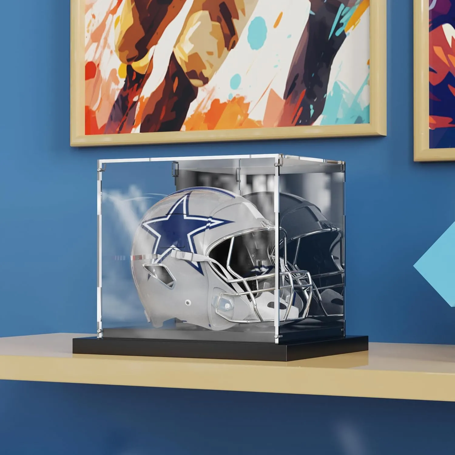 Mini Helmet Display Case Acrylic Clear Football Stand Holder with Mirror Back and Black Metal Grooved Base Stackable Mini Helmet Showcase for Souvenirs Collectibles