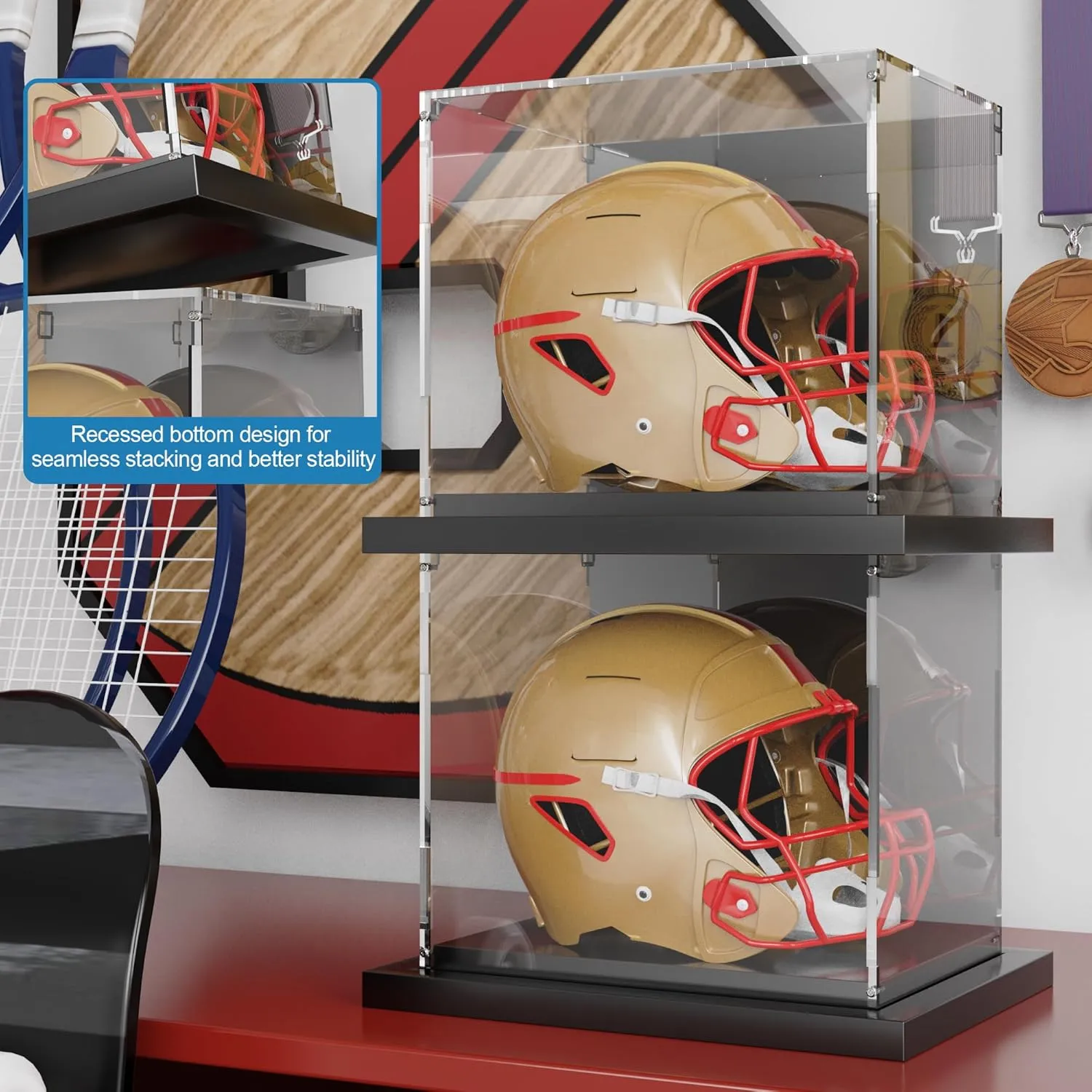 Mini Helmet Display Case Acrylic Clear Football Stand Holder with Mirror Back and Black Metal Grooved Base Stackable Mini Helmet Showcase for Souvenirs Collectibles