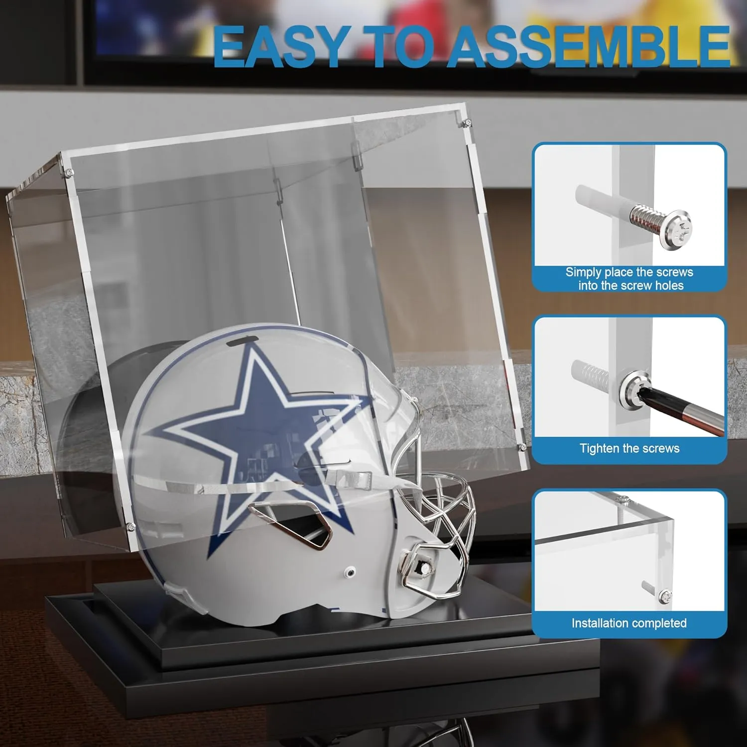 Mini Helmet Display Case Acrylic Clear Football Stand Holder with Mirror Back and Black Metal Grooved Base Stackable Mini Helmet Showcase for Souvenirs Collectibles