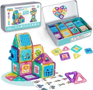 Mini Magnetic Tiles for Kids Ages 4-8, 64PCS Magnetic Building Blocks with Storage Iron Box, STEM Construction Toy Travel Set for Toddlers, Magnet Tiles Puzzle Birthday Gift for Boys and Girls Ages 3 