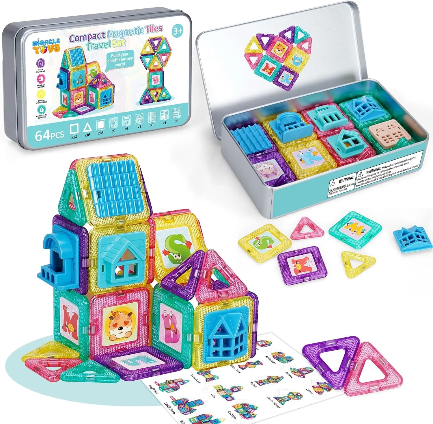 Mini Magnetic Tiles for Kids Ages 4-8, 64PCS Magnetic Building Blocks with Storage Iron Box, STEM Construction Toy Travel Set for Toddlers, Magnet Tiles Puzzle Birthday Gift for Boys and Girls Ages 3 