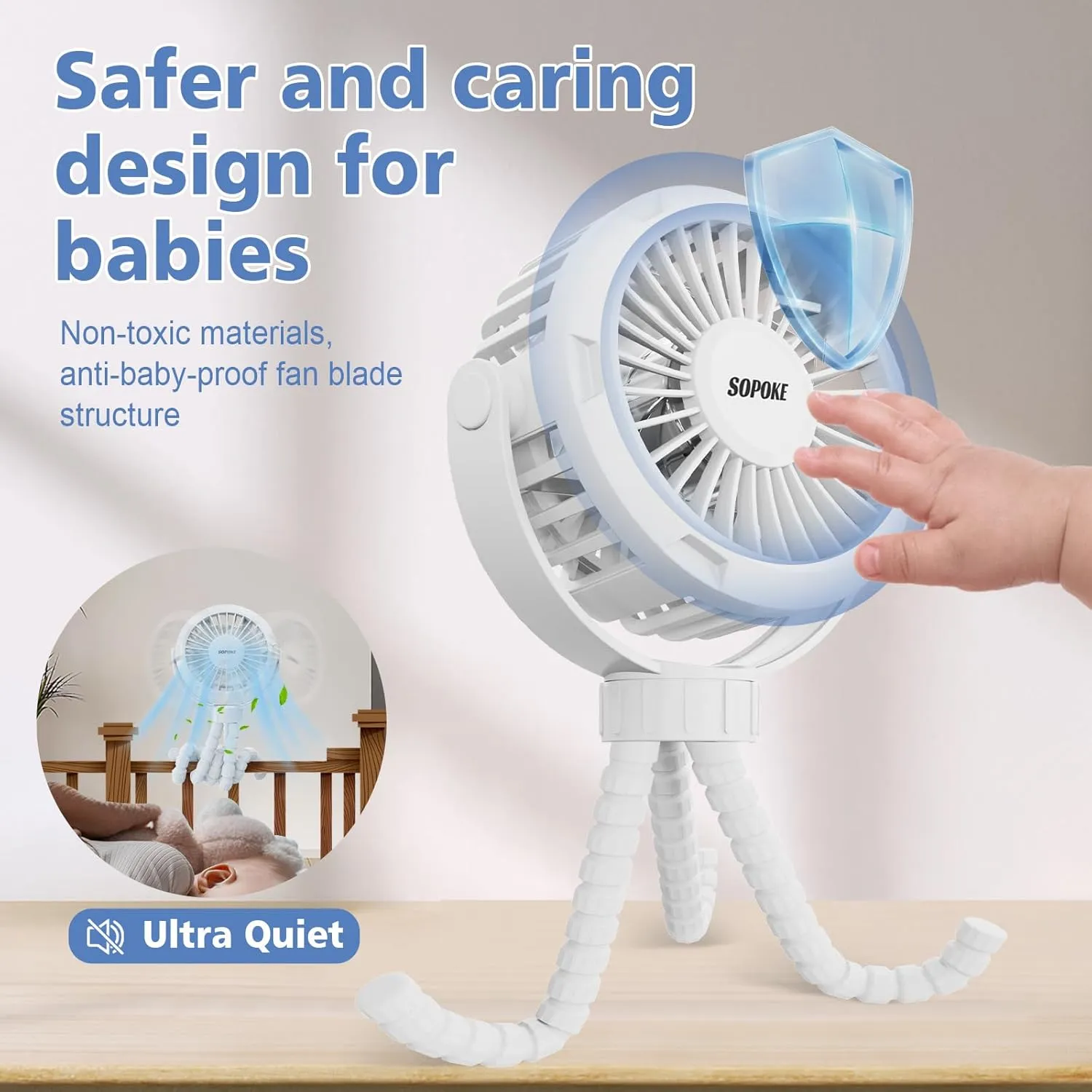 Mini Portable Baby Stroller Fan,3 Speed Personal Handheld Fan,Battery Operated Rechargeable 360° Flexible Tripod Cooling Fan, Suitable for Car Seat Crib Treadmill Golf Cart Travel(Blue)