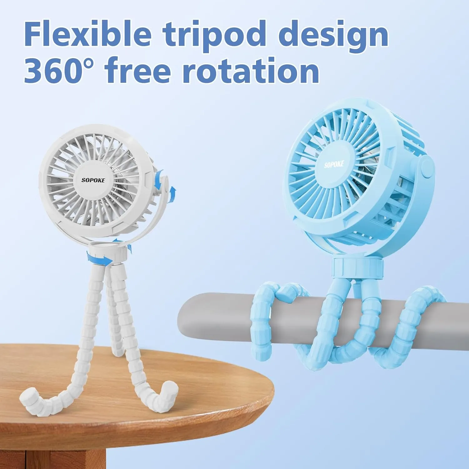 Mini Portable Baby Stroller Fan,3 Speed Personal Handheld Fan,Battery Operated Rechargeable 360° Flexible Tripod Cooling Fan, Suitable for Car Seat Crib Treadmill Golf Cart Travel(Blue)