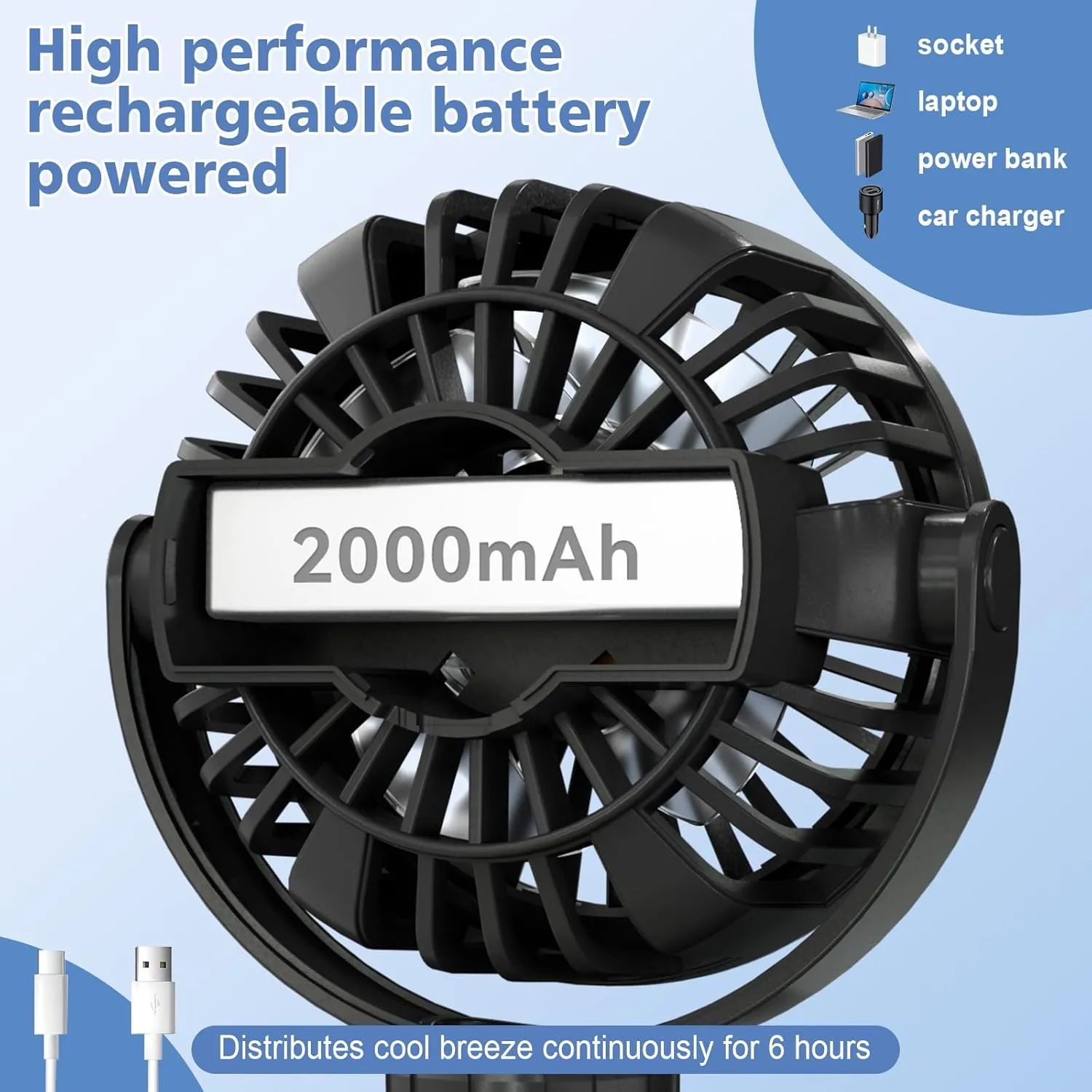 Mini Portable Baby Stroller Fan,3 Speed Personal Handheld Fan,Battery Operated Rechargeable 360° Flexible Tripod Cooling Fan, Suitable for Car Seat Crib Treadmill Golf Cart Travel(Blue)