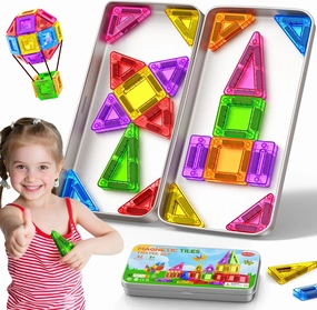 Mini Magnetic Tiles for Kids Ages 3-5 4-8 Magnet Building Block Travel Toys for 3 4 5 6 7 8  Year Old Boys Girls Toddlers Preschool STEM Construction Sensory Christmas Birthday Gifts with Iron Box