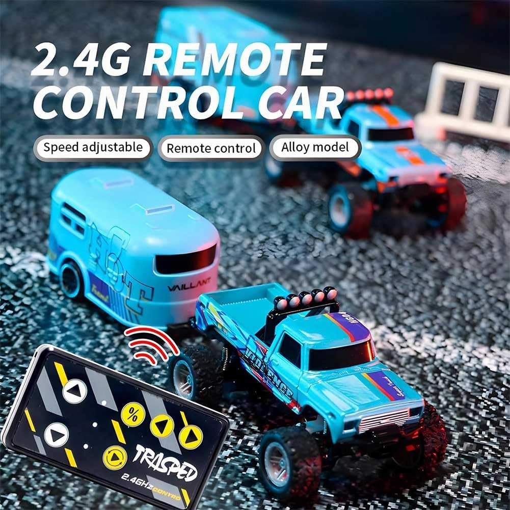 Mini Rc Monster Truck, Mini Rc Truck with Trailer, Mini Rc Car, Mini Rc Truck, Mini Monster Truck Remote Control Car, Rechargeable Mini Monster Truck 1/64 Alloy Scale with Lights (with Trailer,Orange)