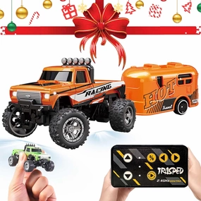 Mini Rc Monster Truck, Mini Rc Truck with Trailer, Mini Rc Car, Mini Rc Truck, Mini Monster Truck Remote Control Car, Rechargeable Mini Monster Truck 1/64 Alloy Scale with Lights (with Trailer,Orange)