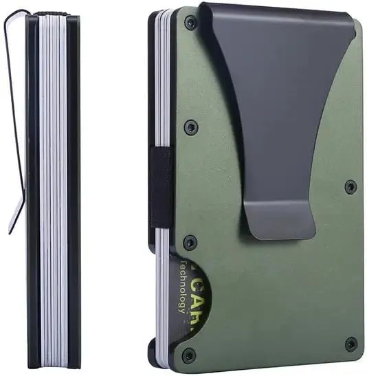 Minimalist Wallet for Men, Slim Aluminum Metal Pocket Wallet with Money Clip, Blocks RFID Scanners ID Card Holder(Army Green)