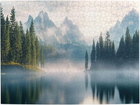 misty mountain lake with pine forests 500 pieces of adult wooden puzzle,nature artistic wooden jigsaw,gift for nature lovers & collectors,ideal for relaxation and family fun