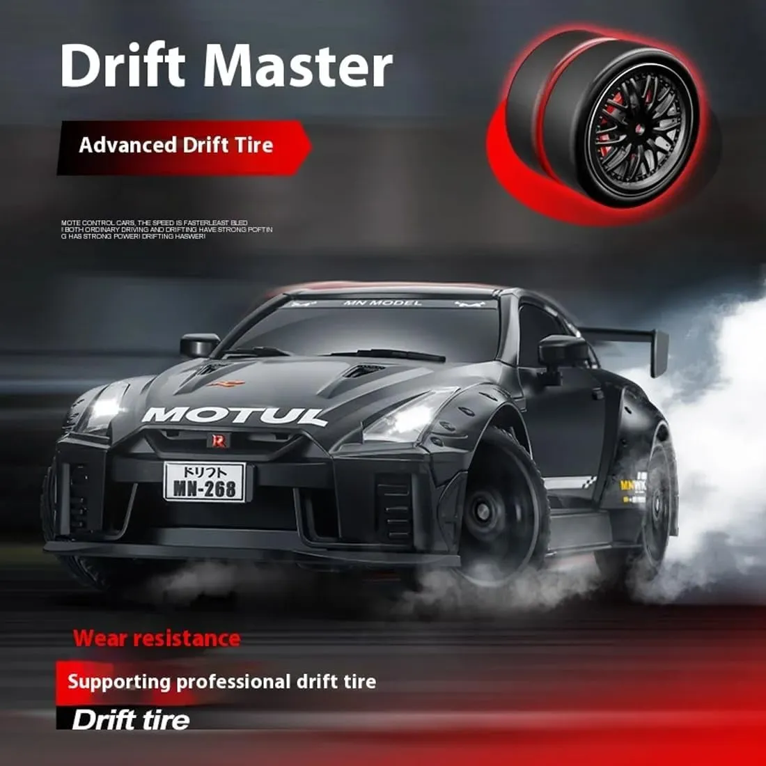 MN-268 1/16 Scale RC Drift Car, 2.4G Full-Proportional Control RWD RC Sport Car with Gyro & LED Light, RC Racing Toy for Hobbyists - RTR