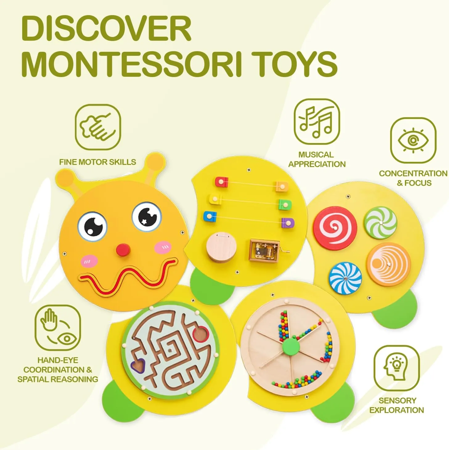 Monläurd® Caterpillar Montessori Busy Board,Sensory Board,Educational Toys,Activity Cube,Wall Toys,Daycare Furniture,Playroom Furniture,Interactive Toys,Wooden Toys,Learning Toys,Boys and Girls 6 M 