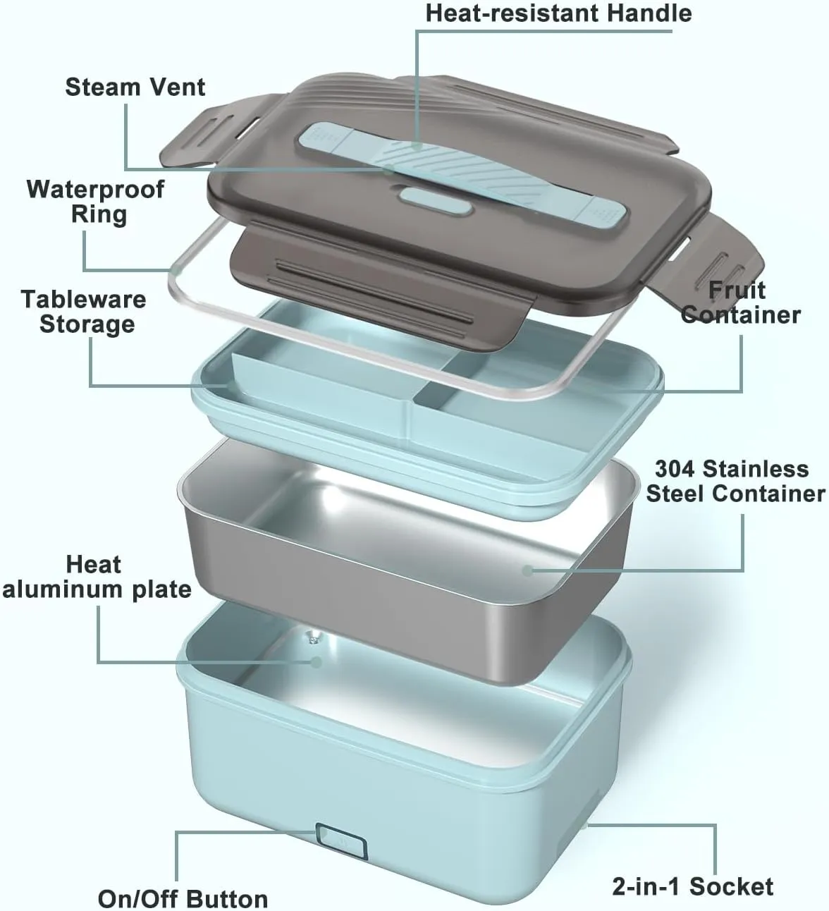 Monteka Electric Lunch Box Food Heater, New 100W High Power Portable Food Warmer, Heated Lunch Box for Adults Car/Home with 1.8L Removable Stainless Steel Container, 12V/24V/110V/220V
