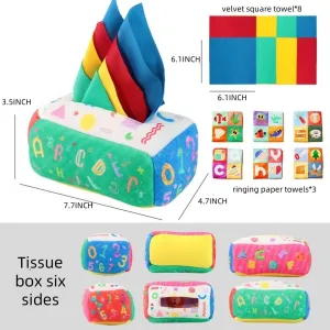 Montessori Baby Tissue Box Toy for 6-12 Months - Soft Crinkle Sensory Toys with ABC, Numbers & 8 Textured Squares | Infant Toddler Learning Gift, Stocking Stuffer (Green)