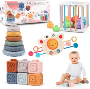 Montessori Baby Toys 6-12 Months, Toddlers Baby Toy Gifts 1 Year Old Boys Girls for 0, 6, 9, 12, 18 Months, Pull String Teether, Infant Stacking Blocks, Sensory Shapes Bin, 4 in 1 Infant Toy Set