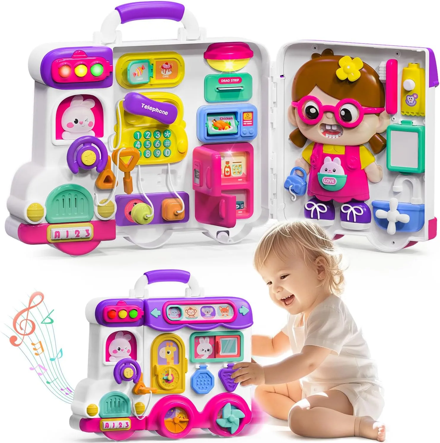 Montessori Busy Board for 1-2 Year Old Girl Gift,Musical Toys for Toddlers 1-3 Year,Educational Fine Motor Baby Toys for 12 18 Months,Perfect for Preschool or Travel,Birthday Gift for 1 Year Old Girl