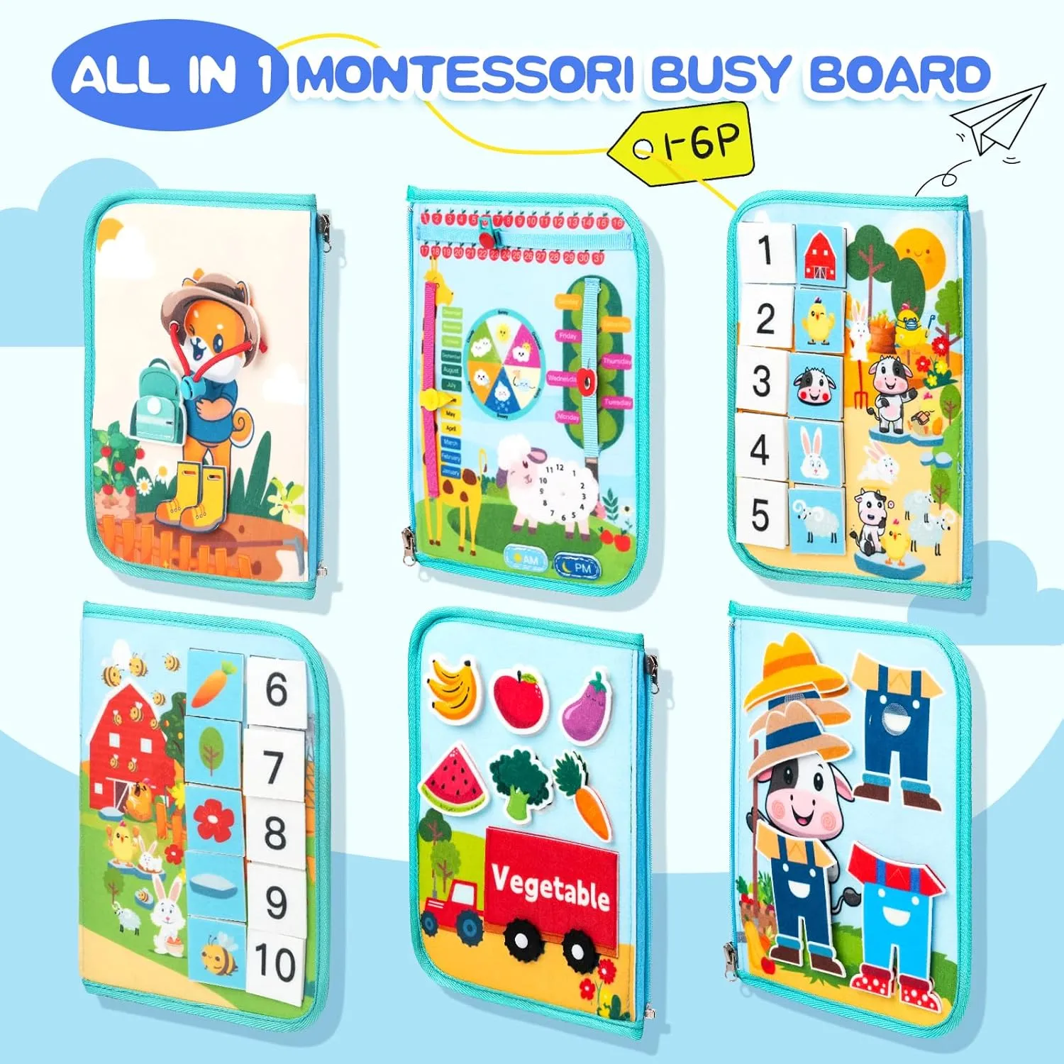 Montessori Busy Board for Toddlers 3 4 5 6,Farm Busy Book Quiet Toys for Airplane Travel,Felt Educational Book Pre School Learning Activities for Baby,Birthday Idea for Girls&Boys
