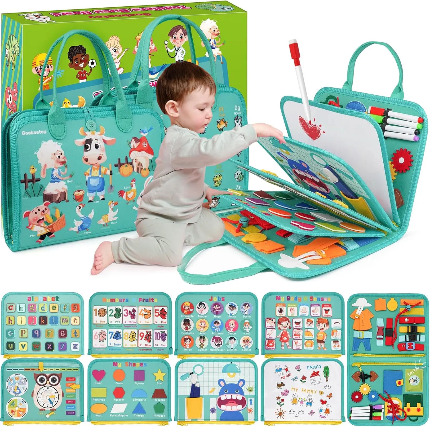 Montessori Busy Board - Sensory Learning Toys for Toddlers 1-6 Years, 10 Pages, 32 Activities, Airplane Car Travel Educational Toys for Autism, Baby Birthday Gift