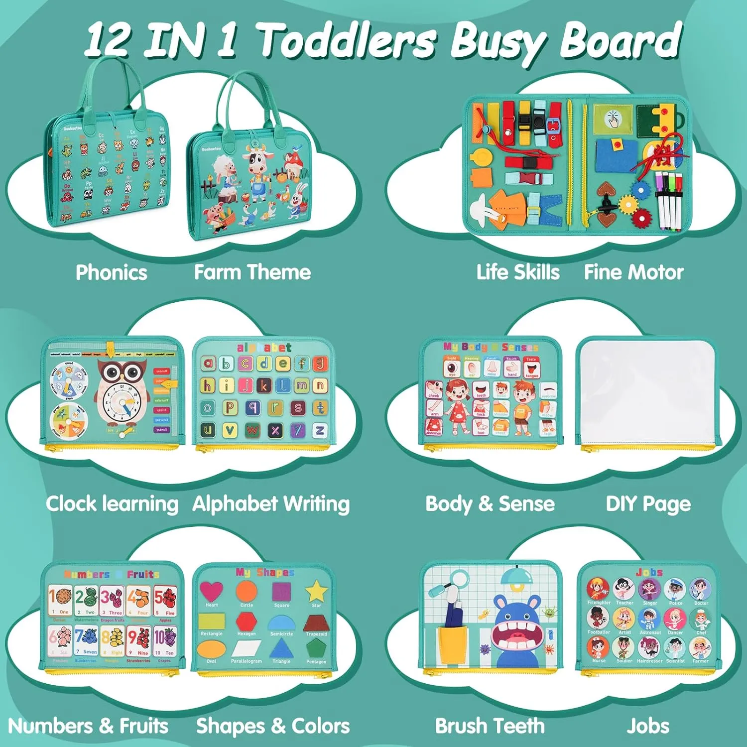 Montessori Busy Board - Sensory Learning Toys for Toddlers 1-6 Years, 10 Pages, 32 Activities, Airplane Car Travel Educational Toys for Autism, Baby Birthday Gift