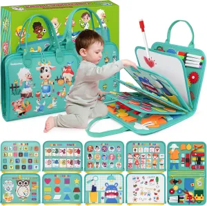 Montessori Busy Board - Sensory Learning Toys for Toddlers 1-6 Years, 10 Pages, 32 Activities, Airplane Car Travel Educational Toys for Autism, Baby Birthday Gift