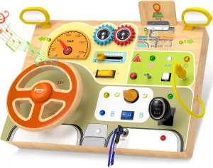 Montessori Toddler Toys - Baby Wooden Busy Board - Sensory Toys with Light Switch - Travel Toys for Educational Toddler Activities for Toddlers 1 2 3 4  Year Old