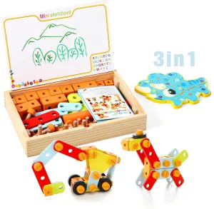 Montessori Toy Set Toddler Tool Set with Portable Tool Box & DIY Stickers Dinosaur Puzzles for kids Educational Preschool Toys 3 in 1 Tool Kit for 3 4 5 6 Years Old Boys Girls Present for Children
