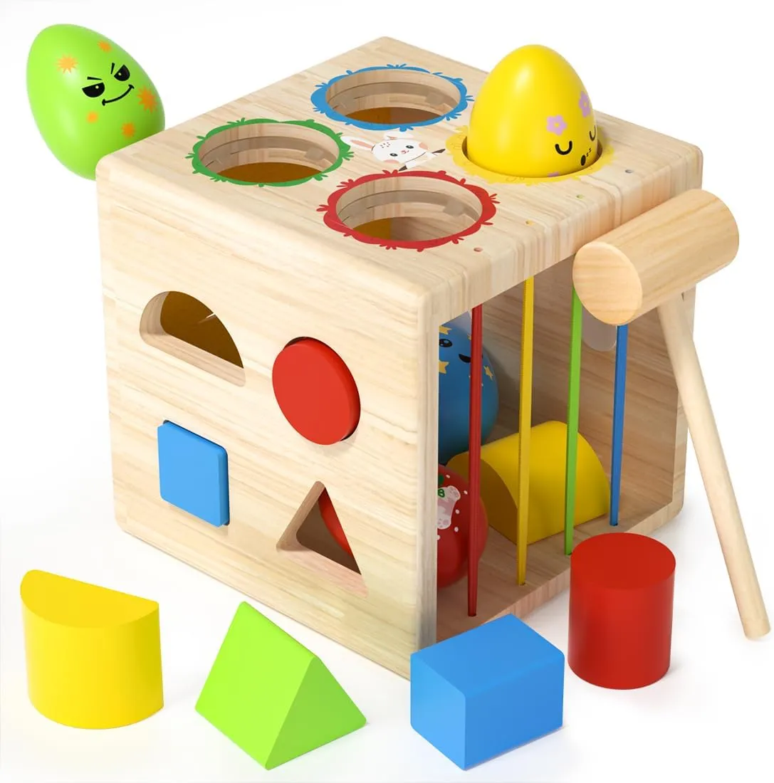 Montessori Wooden Shape Sorter Toy for 1  Year Old - 8 Sensory Blocks, Developmental Toddler Toys, Toddler Learning Gifts for Baby Boys Girls