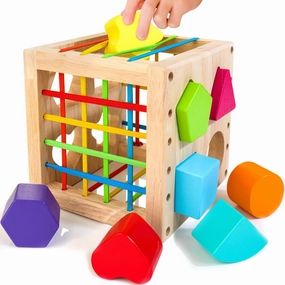 Montessori Toys for 1  Year Old, Wooden Sorter Cube with 8pcs Rattling Shapes, Developmental Learning Toy Gifts for Baby Toddler Boys Girls, Gift Packaging