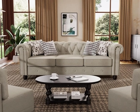 Morden Fort Classic Chesterfield Sofa Set 82'', Tufted Sofa Couch Set with Solid Wood Legs Thick Cushion, Pet-Friendly 3-Seater Sofas Couches for Living Room Bedroom Apartment - Linen Beige