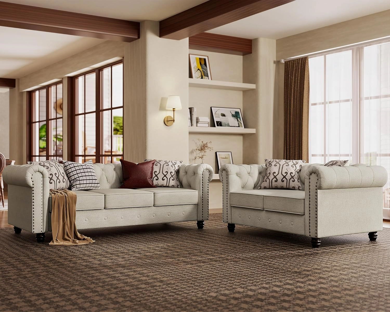 Morden Fort Classic Chesterfield Sofa Set 82'', Tufted Sofa Couch Set with Solid Wood Legs Thick Cushion, Pet-Friendly 3-Seater Sofas Couches for Living Room Bedroom Apartment - Linen Beige