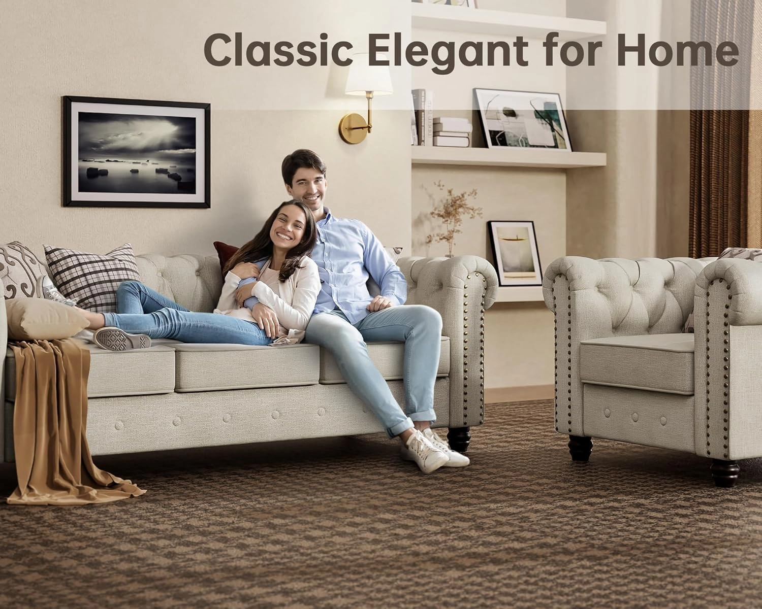 Morden Fort Classic Chesterfield Sofa Set 82'', Tufted Sofa Couch Set with Solid Wood Legs Thick Cushion, Pet-Friendly 3-Seater Sofas Couches for Living Room Bedroom Apartment - Linen Beige