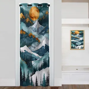 Mountain Landscape Door Curtain, Watercolor Painting Forest Tree Room Darkening Curtain for Privacy Bedroom Doorway Living Room, 1 Panel 34" W X 80" L