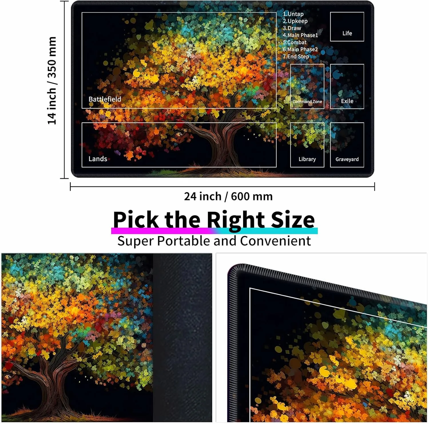 MTG Playmats for Magic The Gathering - 24" x 14" Board Game Card Game Trading Card Game Play Mat with Zones & Storage Bag, Mousepad Desk Mats, Colorful Tree