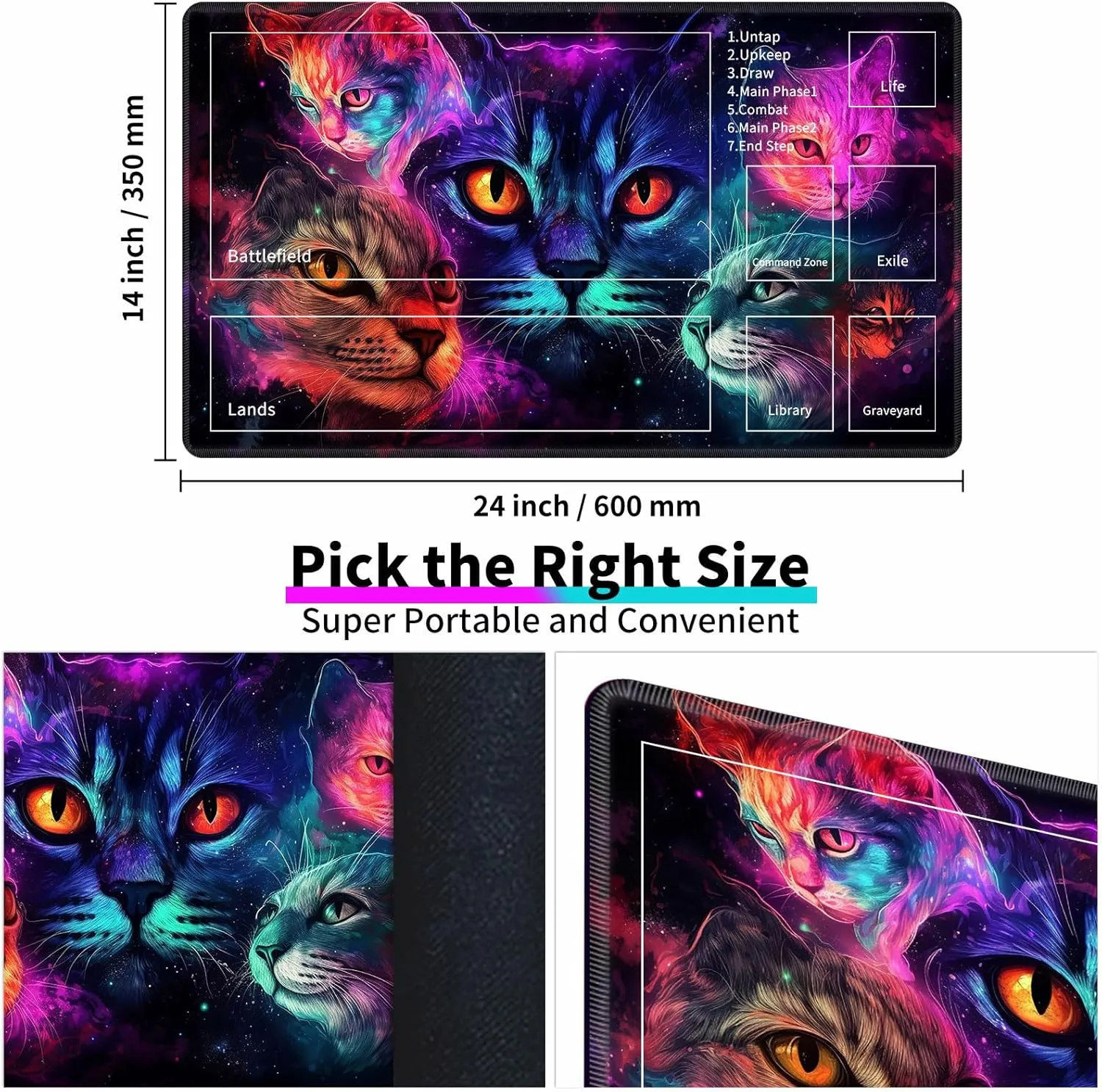 MTG Playmats for Magic The Gathering-Play Mat,Game Play Mat for MTG TCG 24" x 14" Board Game Card Game Trading Card Game Play Mat with Zones&Storage Bag,Mousepad Desk Mats,Colorful Cat